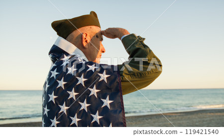 Soldier Salute For USA In Front Of The Sea Soldier Salute For USA In Front Of The Sea 119421540