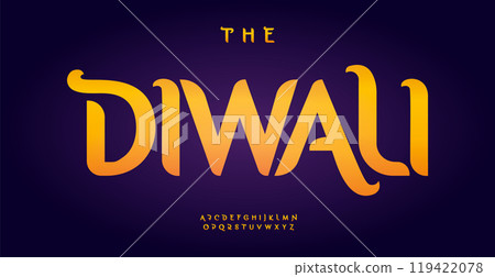 Diwali festive font with elegant curves, smooth artistic alphabet for radiant headline, warm greeting cards, joyful celebration design. Indian culture typography. Vector typeset. 119422078