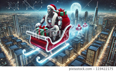 機器人聖誕老人和雪橇飛過未來城市 119422175