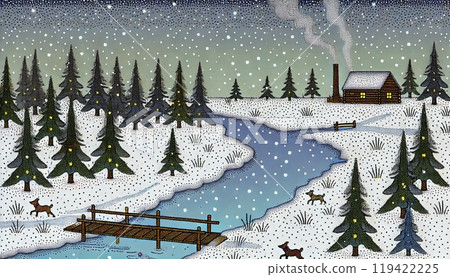 Silent snow scene and winter forest with stream Silent snow scene and winter forest with stream 119422225