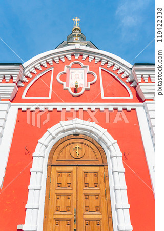 Massive Wooden Entrance Door in Orthodox Church with Arched Design Massive Wooden Entrance Door in Orthodox Church with Arched Design 119422338