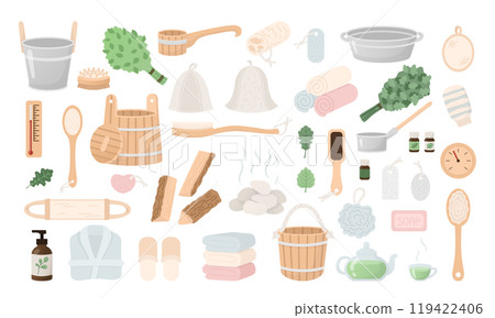 Sauna items set in cartoon flat style. Spa, hammam icons, hand drawn design elements. Vector illustration 119422406