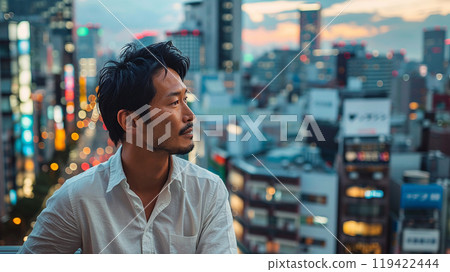Sunset, city building background, man in shirt, AI generated image 119422444