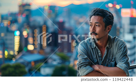 Sunset, city building background, man in shirt, AI generated image 119422448
