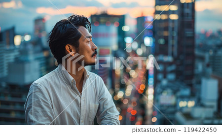 Sunset, city building background, man in shirt, AI generated image 119422450