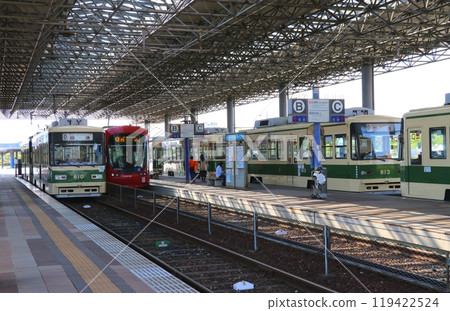 Hiroshima Electric Railway's "Hiroshima Port" station, train parked at the platform 119422524