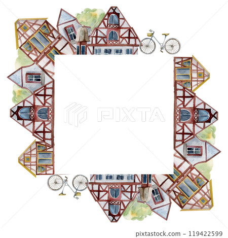 Old European city town street houses, urban exterior facades. Historical cityscape building. Watercolor hand drawn border frame. For tourist shops, souvenirs, travel brochures, architectural bureau 119422599