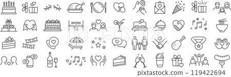 Vector monochrome line icon set about happiness Vector monochrome line icon set about happiness 119422694