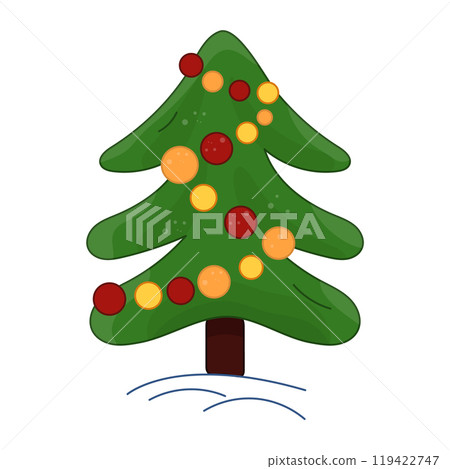 Doodle green Christmas tree with balls, garland, decorations. Evergreen plant pine vector color illustration. Genus of coniferous evergreen trees. Doodle green Christmas tree with balls, garland, decorations. Evergreen plant pine vector color illustration. Genus of coniferous evergreen trees. 119422747
