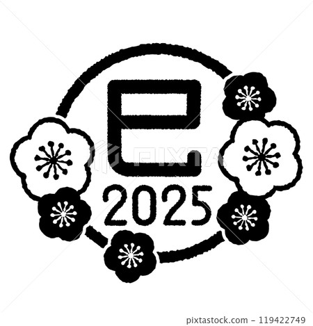 Snake Year lettering and plum blossom frame, stamp style, 2025 Snake Year lettering and plum blossom frame, stamp style, 2025 119422749