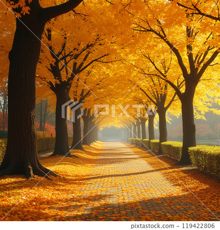 銀杏樹在秋日的光輝下熠熠生輝 銀杏樹在秋日的光輝下熠熠生輝 119422806