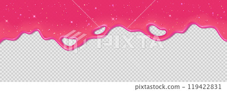 Realistic 3D dripping glossy pink slime with glitter isolated on a transparent background. 119422831