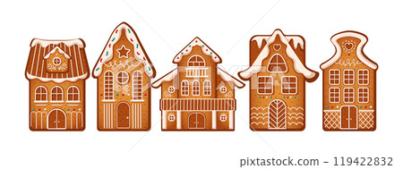 Gingerbread houses with cream decor flat vector objects set 119422832