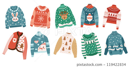 Christmas sweaters with holiday patterns vector objects Christmas sweaters with holiday patterns vector objects 119422834