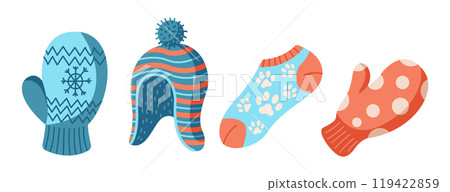 Cozy clothes with hat mittens and socks flat vector objects Cozy clothes with hat mittens and socks flat vector objects 119422859