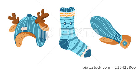 Children winter clothes details flat color vector objects Children winter clothes details flat color vector objects 119422860