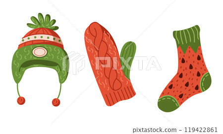 Knitted winter clothes for kids flat color vector objects 119422861