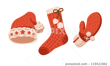 Santa hat stocking and mitten flat color vector objects set Santa hat stocking and mitten flat color vector objects set 119422862