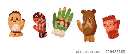 Funny animal shaped knitted mittens flat vector objects set 119422865