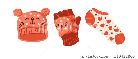 Knitted winter accessories flat color vector objects set 119422866
