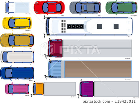 Illustration set of various car models seen from above 119423011