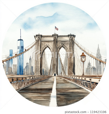 Brooklyn bridge. Brooklyn bridge hand-drawn comic illustration. Vector doodle style cartoon illustration Brooklyn bridge. Brooklyn bridge hand-drawn comic illustration. Vector doodle style cartoon illustration 119423106