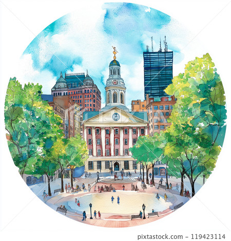 Faneuil Hall. Faneuil Hall hand-drawn comic illustration. Vector doodle style cartoon illustration 119423114