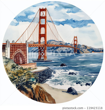 Golden Gate Bridge. Golden Gate Bridge hand-drawn comic illustration. Vector doodle style cartoon illustration 119423118