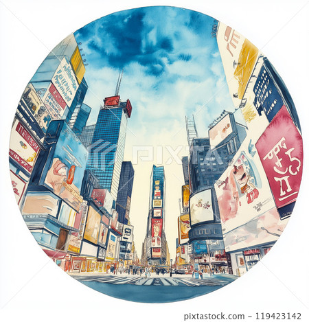 Times Square. Times Square hand-drawn comic illustration. Vector doodle style cartoon illustration 119423142