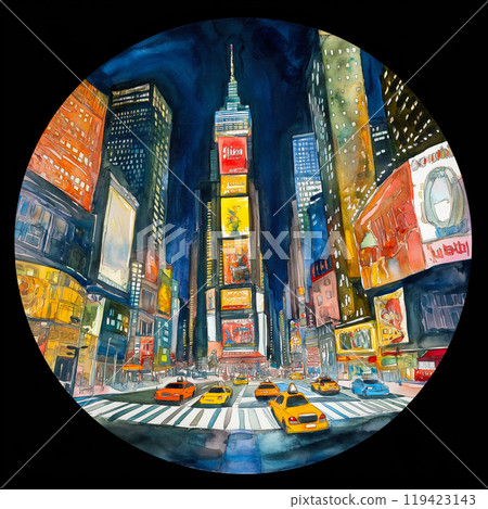 Times Square. Times Square hand-drawn comic illustration. Vector doodle style cartoon illustration 119423143