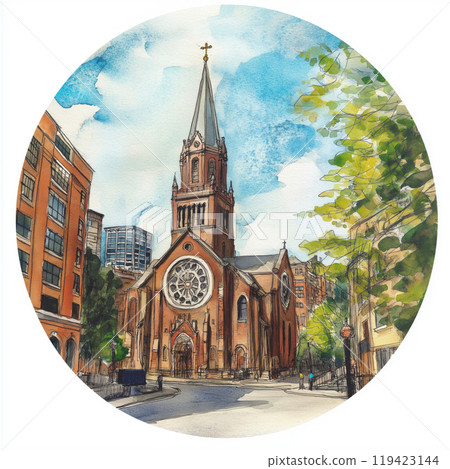 Trinity Church in Boston. Trinity Church in Boston hand-drawn comic illustration. Vector doodle style cartoon illustration 119423144