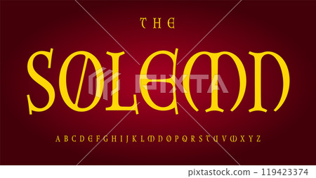 Solemn Gothic alphabet, mystical calligraphic versals letters, religious medieval font for vintage Christmas logo, All Saints Day headline, middle ages dramatic typography. Vector typeset. 119423374