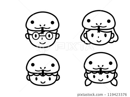 Illustration of a family wearing snake hats, faces only, black and white Illustration of a family wearing snake hats, faces only, black and white 119423376