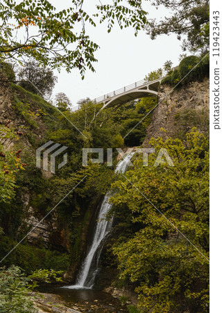 A picturesque waterfall cascading through lush greenery beneath a charming bridge in nature 119423443