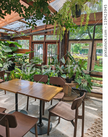 Restaurant greenhouse interior of greenery plant by lunch table. 119423945