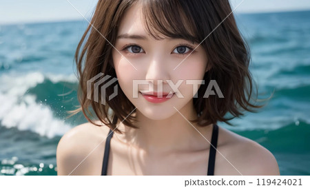 A woman with short hair smiling gently at the sea 119424021