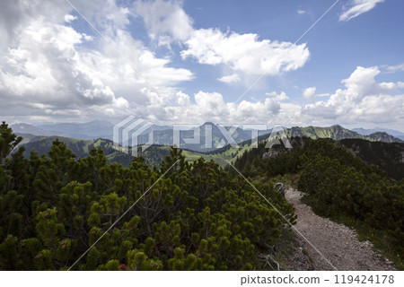 Mountain hiking at Brecherspitze mountain, Bavaria, Germany in summertime Mountain hiking at Brecherspitze mountain, Bavaria, Germany in summertime 119424178
