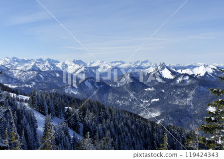 Mountain panorama from Wallberg mountain, Bavaria, Germany Mountain panorama from Wallberg mountain, Bavaria, Germany 119424343