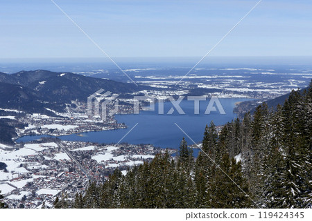 View from Wallberg mountain to lake Tegernsee, Bavaria, Germany View from Wallberg mountain to lake Tegernsee, Bavaria, Germany 119424345