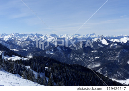 Mountain panorama from Wallberg mountain, Bavaria, Germany Mountain panorama from Wallberg mountain, Bavaria, Germany 119424347