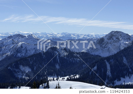 Mountain panorama from Wallberg  mountain, Bavaria, Germany 119424353