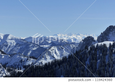 Mountain panorama from Wallberg  mountain, Bavaria, Germany 119424360