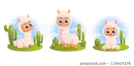 Cute Llama alpaca. Collection animals with cactus ang sky. Isolated Vector illustrations in cartoon style. Cute Llama alpaca. Collection animals with cactus ang sky. Isolated Vector illustrations in cartoon style. 119424376