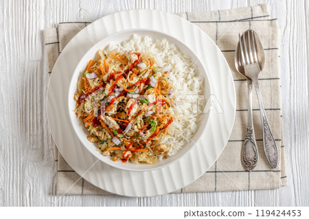 tofu egg roll in a bowl with jasmine rice 119424453