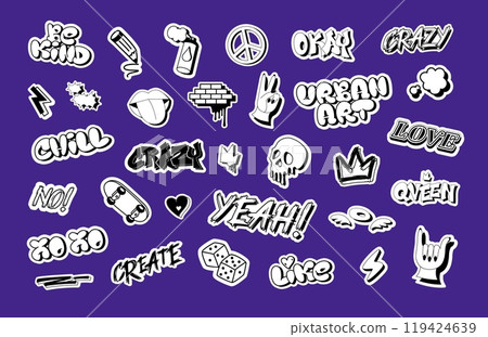 Street art graffiti stickers. Crazy punk decals, rebellious urban underground culture signs and phrases. Hand drawn youthful aesthetic vector illustrations set 119424639