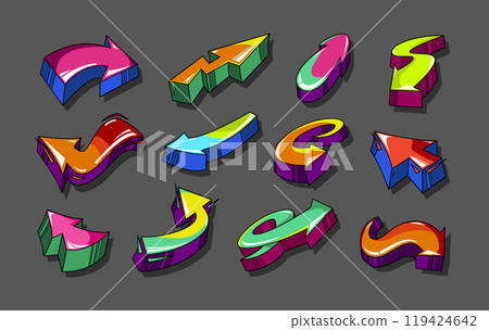 Graffiti 3d arrows. Colorful street art direction pointers, bold urban style arrow for dynamic and playful navigation design. Isolated vector illustration set 119424642