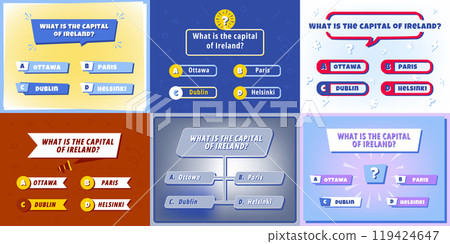 Quiz question template. UI layout for quiz show game with question frame and multiple choice answer options. Intellectual test menu screen with trivia question vector set Quiz question template. UI layout for quiz show game with question frame and multiple choice answer options. Intellectual test menu screen with trivia question vector set 119424647