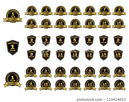 Warranty badge. Golden warranty period stickers with durations from 1 to 15 years. Stamp emblem, shield and circle with gold ribbons. Marketing decals vector set Warranty badge. Golden warranty period stickers with durations from 1 to 15 years. Stamp emblem, shield and circle with gold ribbons. Marketing decals vector set 119424652