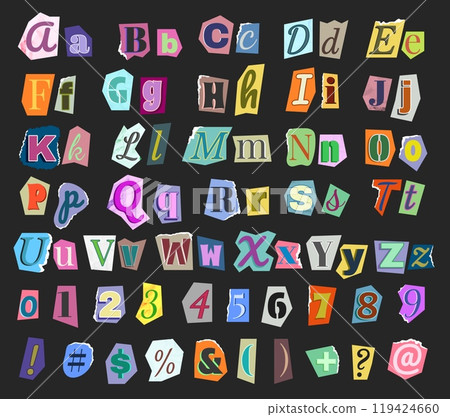 Ransom scrapbook font. Newspaper cutout alphabet for blackmail style collage with numbers, uppercase and lowercase letters. Torn paper pieces typography vector set 119424660