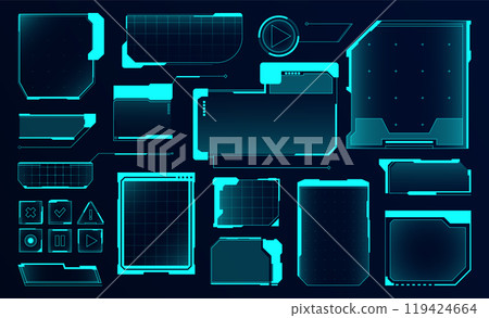 Digital hud frames. Futuristic user interface digital panels and buttons, cyber tech callout bar and Sci Fi titles box. Game menu or dashboard message window frame vector set 119424664